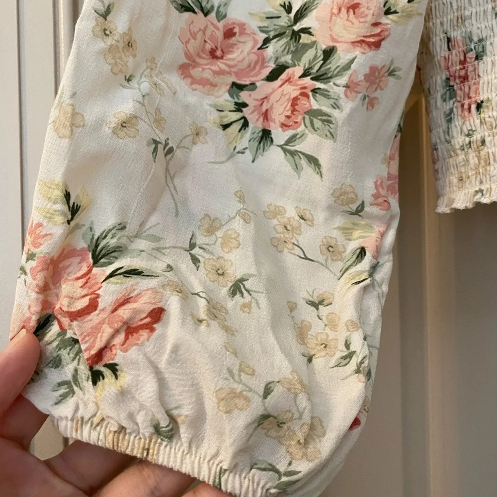 American Eagle Outfitters Floral Smocked Blouse - Cream and Pink
